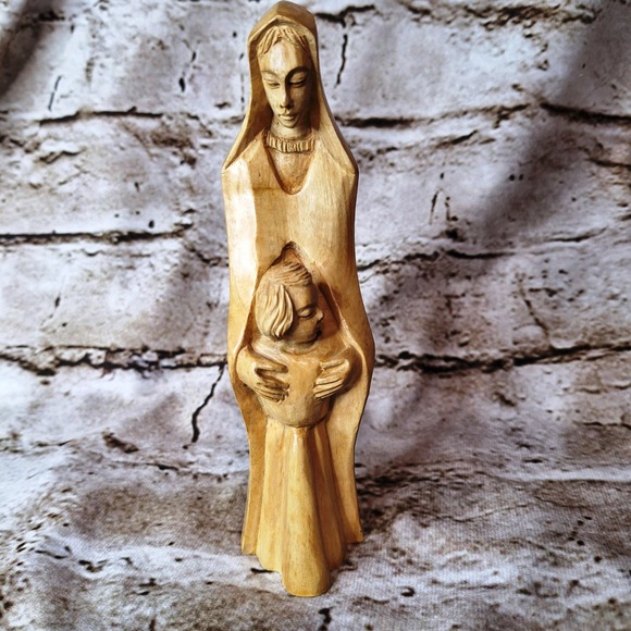 Other - VTG Virgin Mary & Jesus Figurine Carved Statue Olive Wood Holy Land 7"